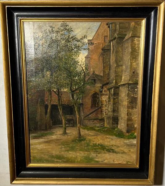 A peaceful corner at the church in Bruges ( oil on canvas )