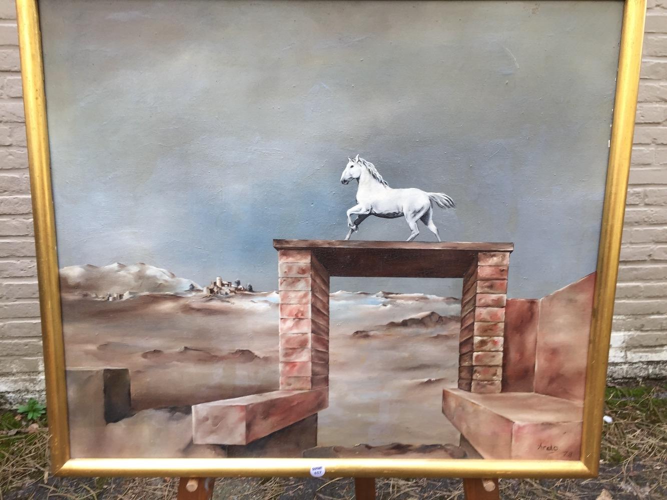 Surreel landscape with a white horse