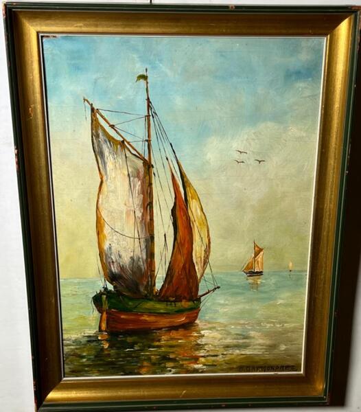 Boats at sea ( a pair oil on board )