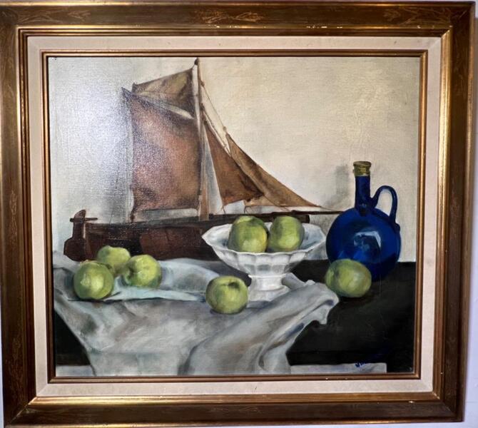 Stillife with apples and a boat ( oil on canvas )