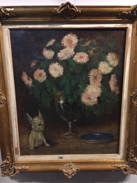 Stillife with flowers and a dog