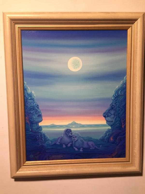 Surreel landscape with lions ( oil on canvas)