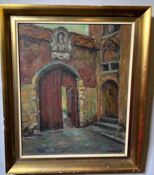 The entrance of the mansion in Bruges ( oil on board )