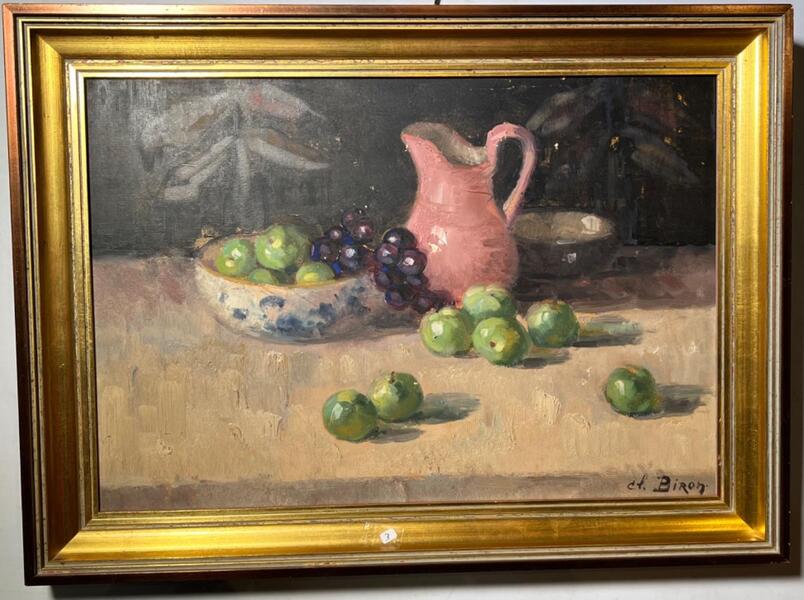 Stillife with plums and grapes ( oil on board )