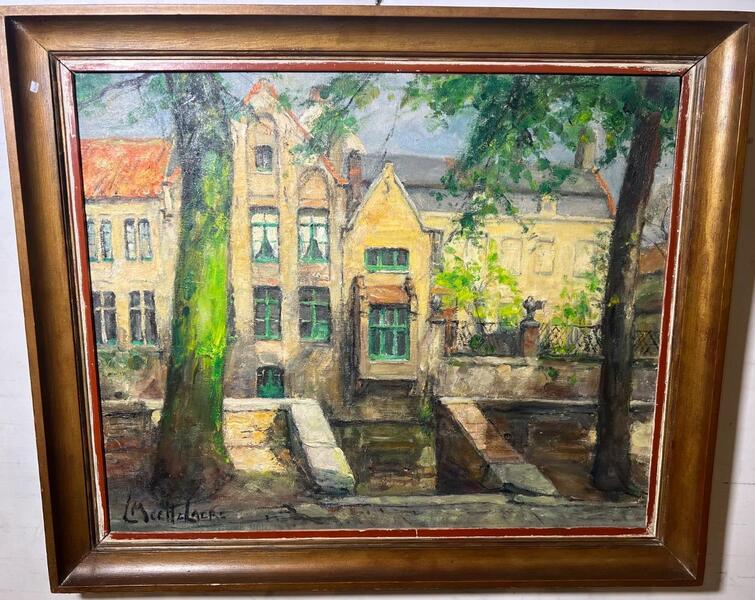 Houses along the canal in Bruges ( oil on canvas)