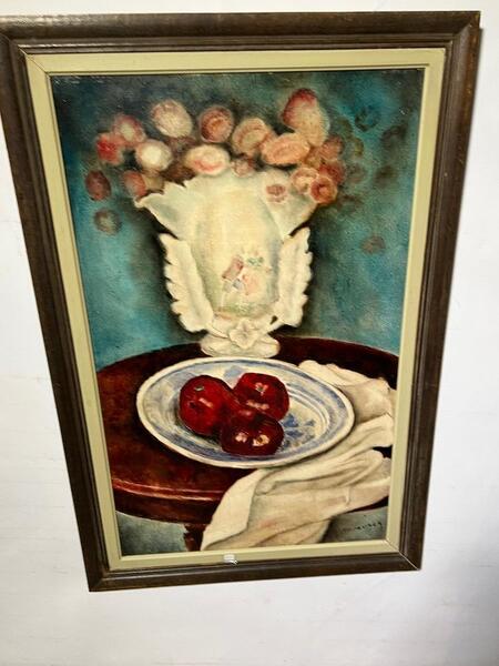 Stillife with red apples ( oil on panel )