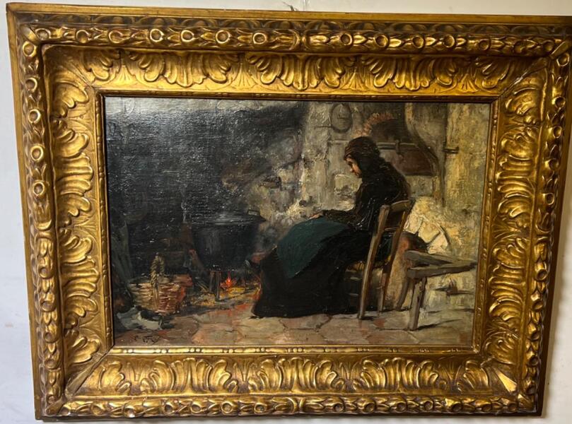 The cosy fire in the wintertime ( oil on canvas)