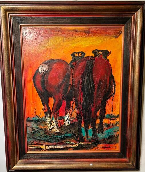 A pair ,Working horses ( oil on panel )Farmer at work (oil on panel)