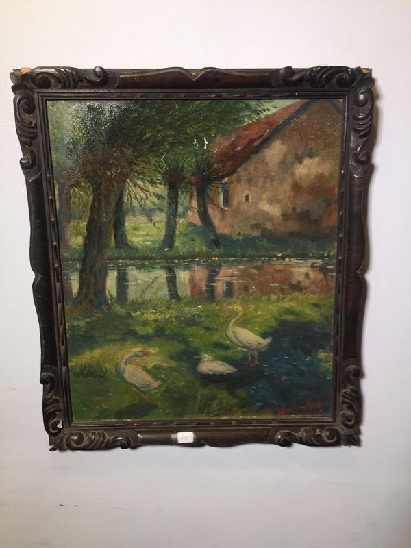 Goose family at the riverside ( oil on panel )