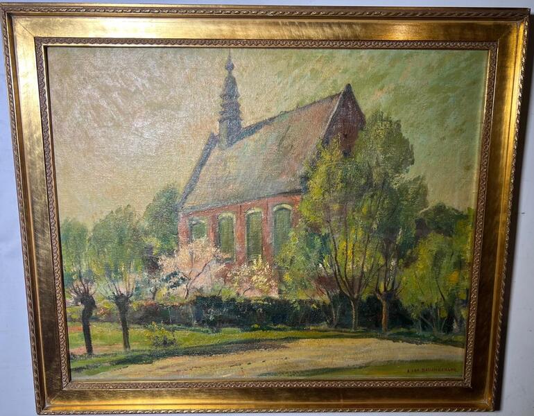 The church of the peaceful village ( oil on canvas)