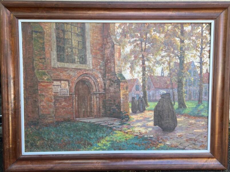 The daily life at the Beguinage of Bruges ( oil on canvas )