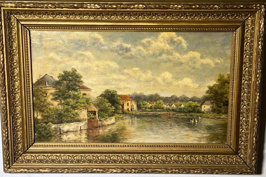 The peaceful village at the riverside ( oil on canvas)