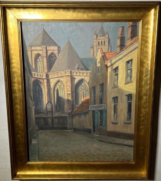 The street near the cathedral in Bruges ( oil on canvas )