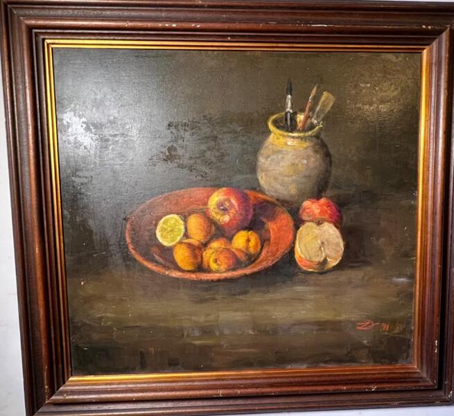 Stillife with fruit and paint brushes ( oil on panel )