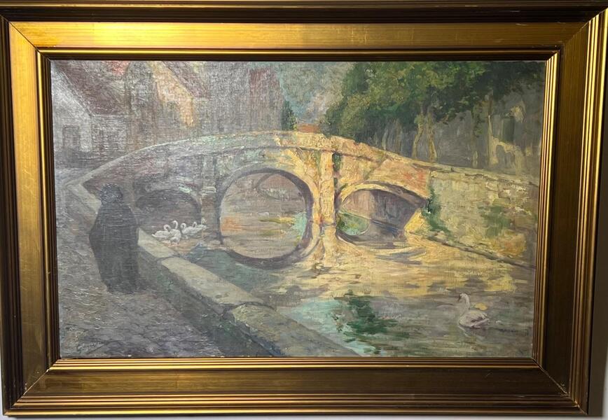Walking along the canals in Bruges ( oil on canvas )